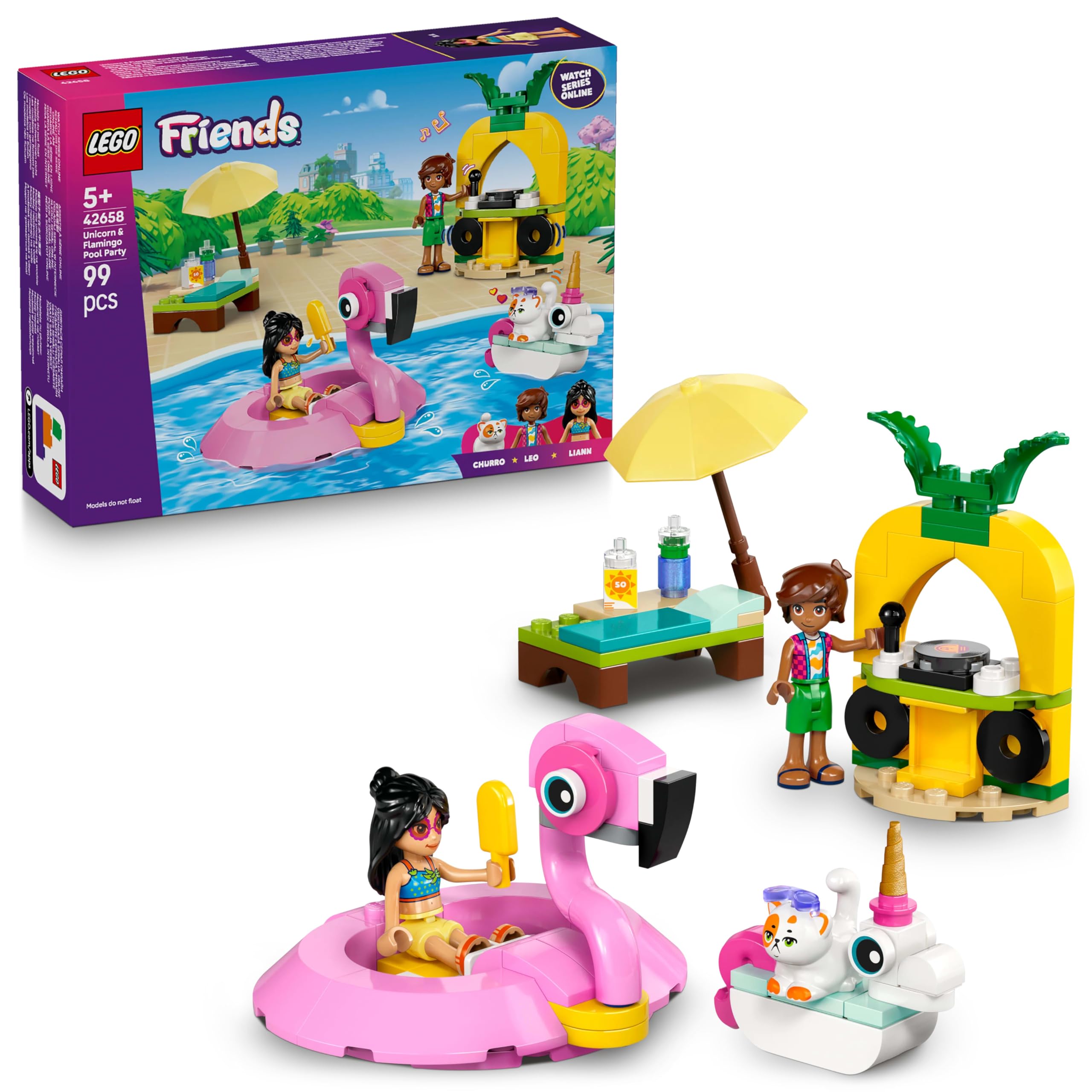 LEGO Friends Unicorn & Flamingo Pool Party Toy - 2 Mini Dolls, Buildable Floaties, 99-Piece Set for Kids 5+
