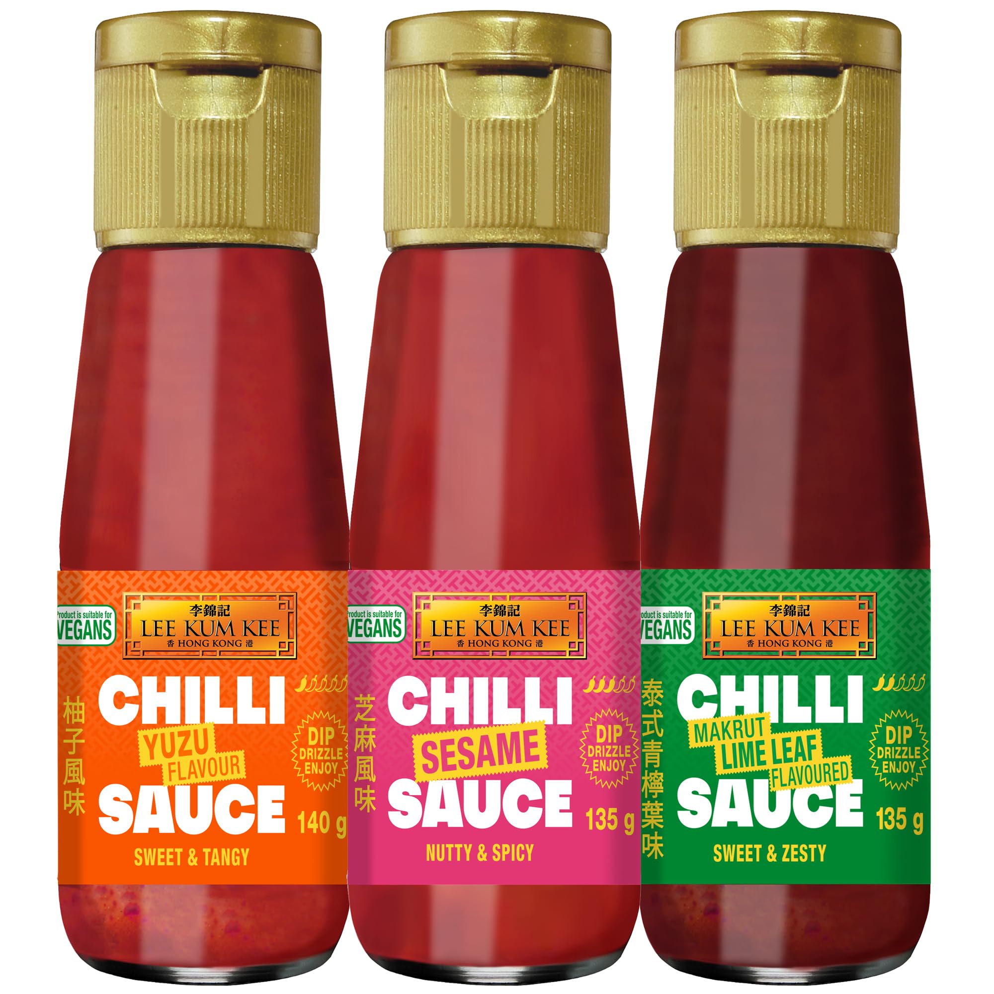 Lee Kum Kee Chilisaucen-Set – 3er-Pack (Yuzu 140 g, Sesam 135 g, Makrut-Limettenblatt 135 g)