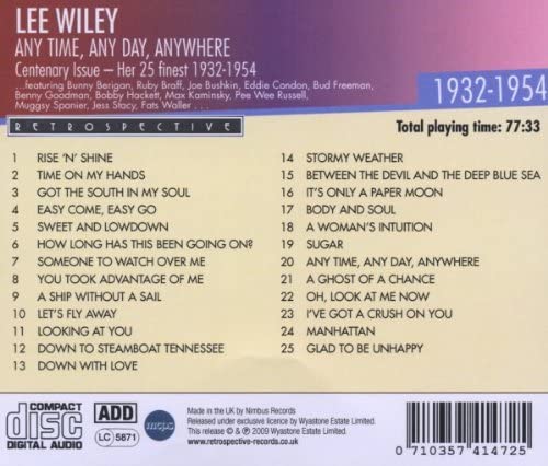 Lee Wiley. Any Time, Any Day, Anywhere. Her 25 finest (1932-1954) - Lee Wiley [Audio CD]