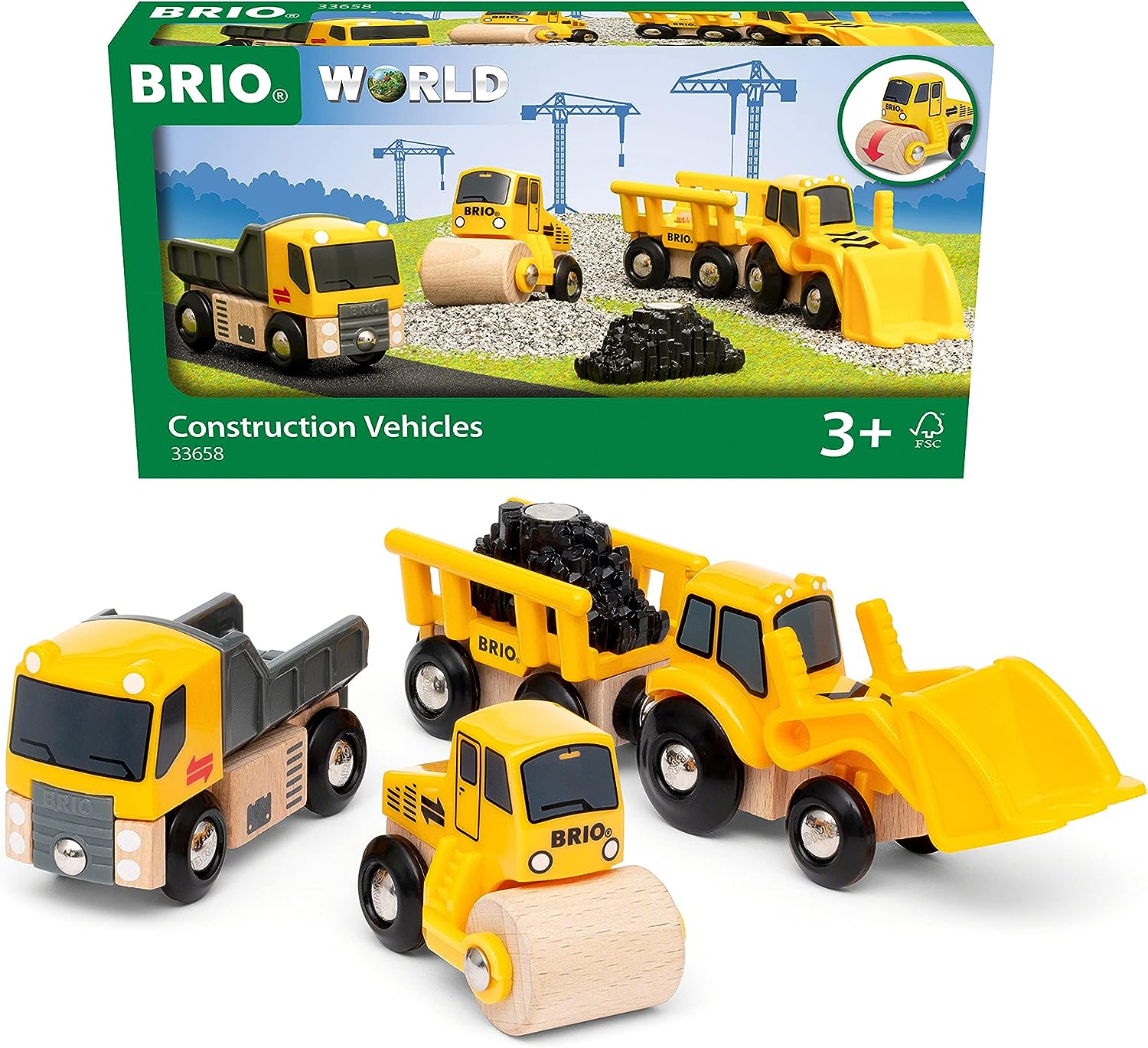 BRIO 33658 Construction Vehicles Train Set - 5-Piece Wooden Toy Truck Set for Kids