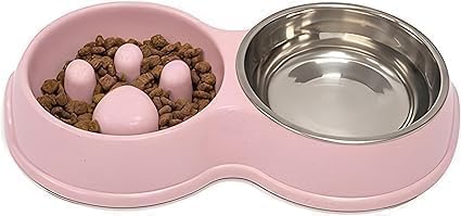 Fur & Bone Double Slow Feeder Dog Bowl - Stainless Steel & Wheat Straw | Non-Slip Base | Pink