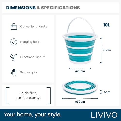 LIVIVO Collapsible Bucket – 10L Folding Silicone Bucket for Home, Kitchen & Cleaning 10