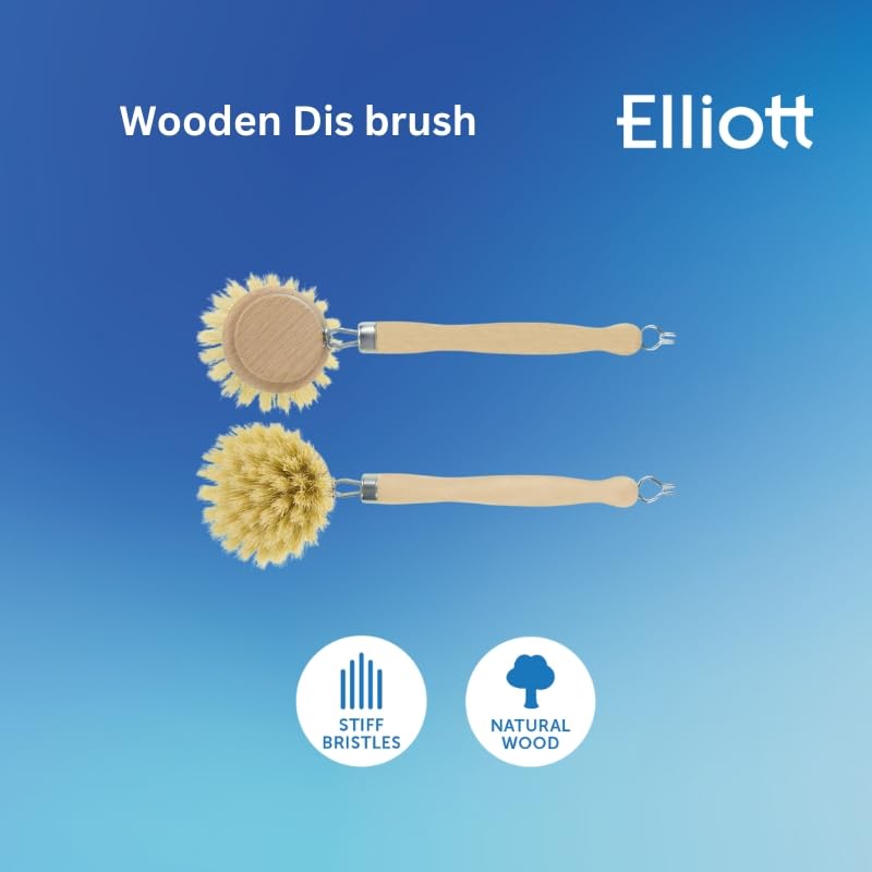 Elliott Wooden Dish Brush with Natural Tampico Fibres - Long Handle, Replaceable Head