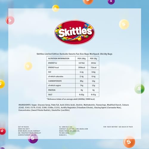 Skittles Darkside Fruity Chewy Sweets Party Pack - 18 Individually Wrapped Packs, 324g