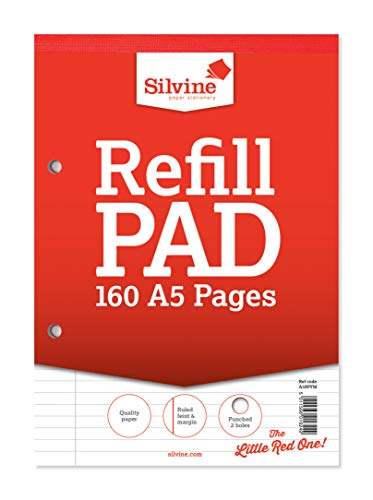 Silvine A5 Refill Pad - 160 Pages | 8mm Feint Ruled with Margin | 2 Hole Punched 1