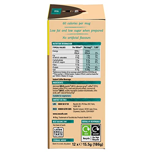 NESCAFÉ - Latte Instant Frothy Coffee Mix with Skimmed Milk Powder, 12 Sachets (186g)