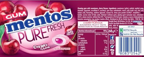 Mentos Pure Fresh Cherry Chewing Gum 35 Pieces – Sugar-Free, Xylitol-Sweetened, Gluten-Free