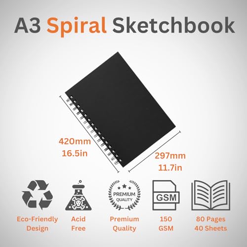 Hawksbill - A3 Black Sketchbook Hardcover Spiral 40 Sheets 150GSM Acid-Free Paper 2