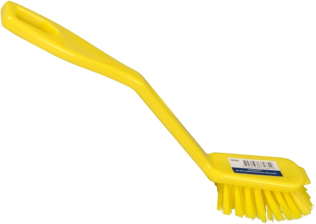 ABENA Yellow Dishwashing Brush - 27cm Long Handle | Stiff Nylon Bristle | Built-In Scraper 1