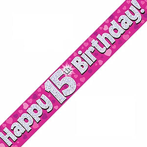 OakTree Happy 15th Birthday Banner - Pink Holographic, 9 ft Length | Polyester 3