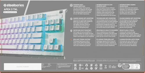SteelSeries Apex 3 TKL White RGB Gaming Keyboard - UK Layout - 8-Zone RGB - Whisper-Quiet Switches - Water Resistant