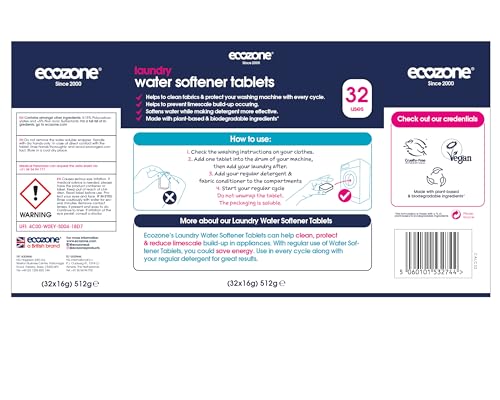 Ecozone Laundry Water Softener Tablets - 32 Pack De-scaler for Washing Machines