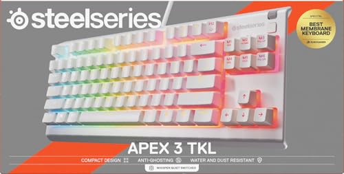 SteelSeries Apex 3 TKL White RGB Gaming Keyboard - UK Layout - 8-Zone RGB - Whisper-Quiet Switches - Water Resistant