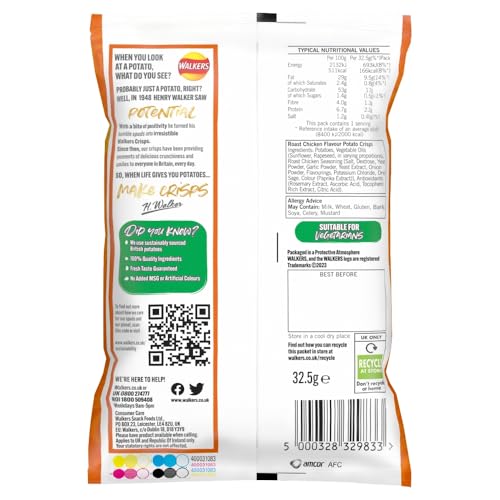 Walkers Roast Chicken Crisps 32.5g (Case of 32) - Made with 100% British Potatoes
