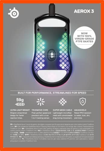 SteelSeries Aerox 3 - 59g Ultra-Lightweight Holey RGB Gaming Mouse with IP54 AquaBarrier