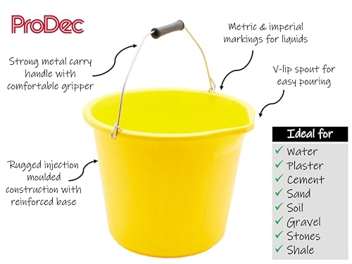 ProDec - Heavy Duty 14 Litre Yellow Plastic Builders Bucket