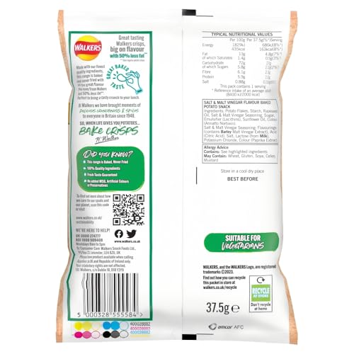 Walkers Baked Salt & Vinegar Crisps 32 x 37.5g - 50% Less Fat Snacks