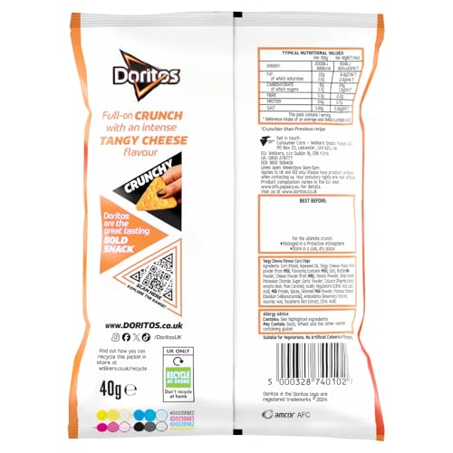 Doritos Tangy Cheese Tortilla Chips, 40g (Case of 32) - Bold Flavour, Vegetarian Crisps