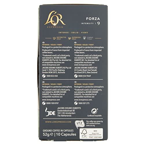 L'OR Espresso Forza Coffee Pods x10 Intensity 9 - Aluminum Capsules for Nespresso Machines