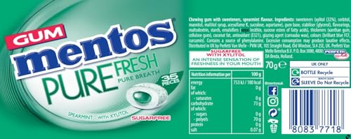Mentos Pure Fresh Spearmint Chewing Gum 35 Pieces – Sugar-Free, Pocket-Sized, Gluten-Free