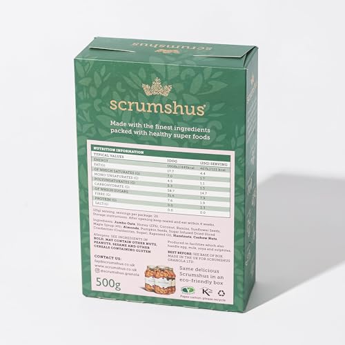 Scrumshus No Added Salt Luxury Granola (500g) - Made with Honey & Pure Maple Syrup, GMO Free, Recyclable Packaging