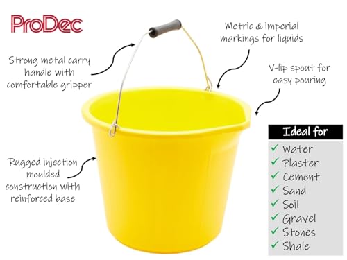 ProDec - Heavy Duty 14 Litre Yellow Plastic Builders Bucket