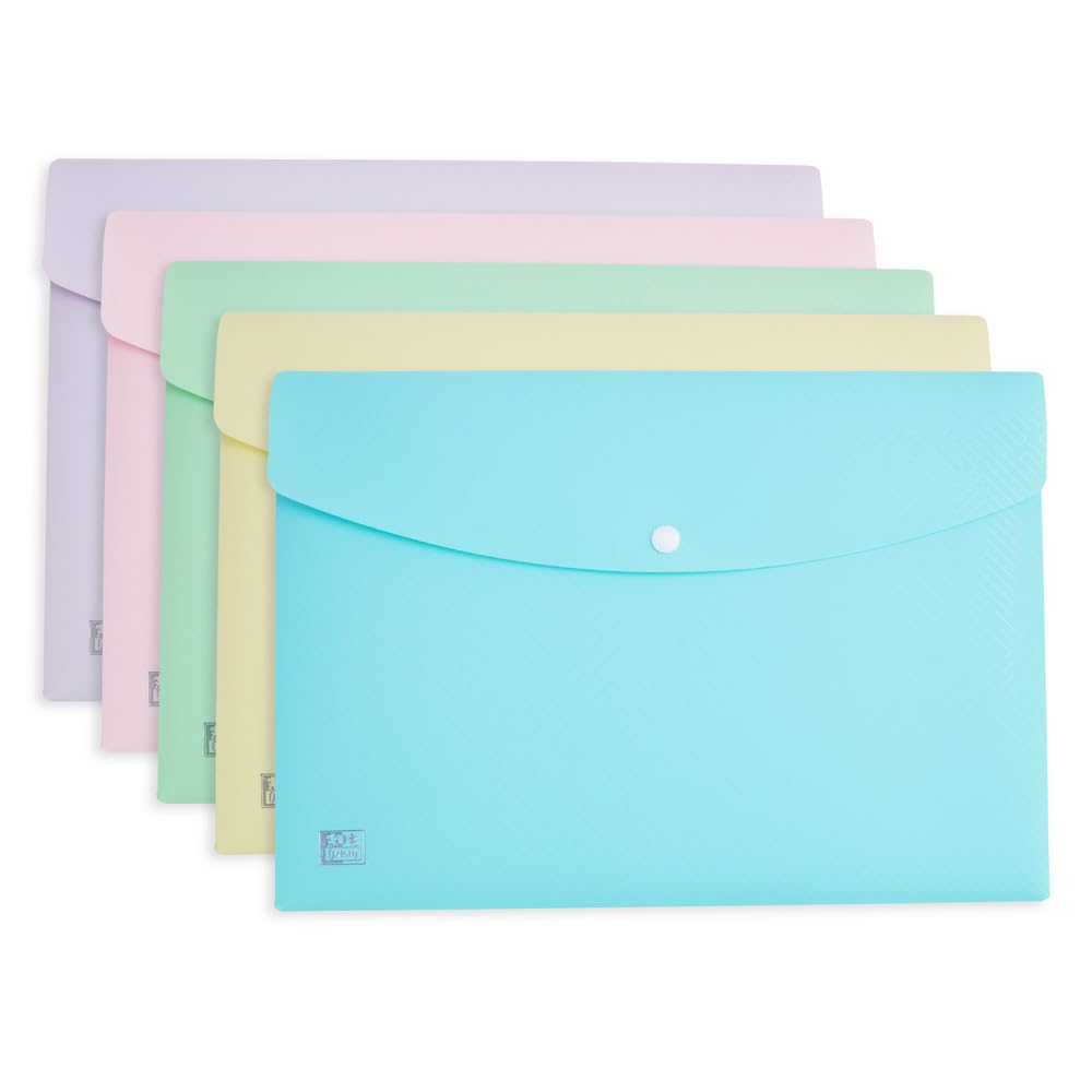 Oxford A4 Plastic Document Popper Wallets - Assorted Pastel Colours | Pack of 5