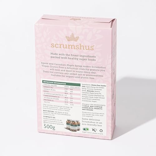 Scrumshus - Vegan & Gluten Free Granola (500g) with Maple & Agave Syrup, No Added Salt, Sugar or Preservatives