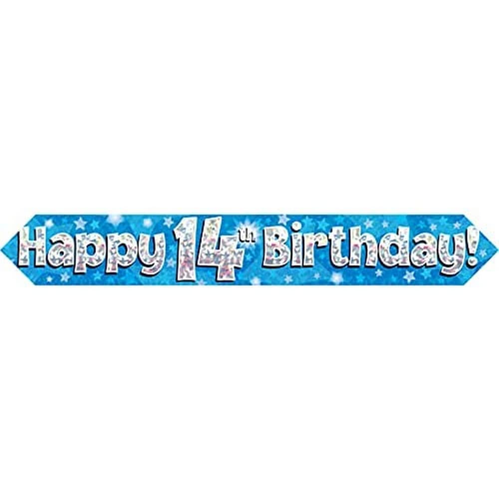 OakTree Happy 14th Birthday Banner | 9 ft Length | Blue Holographic | Foldable 1