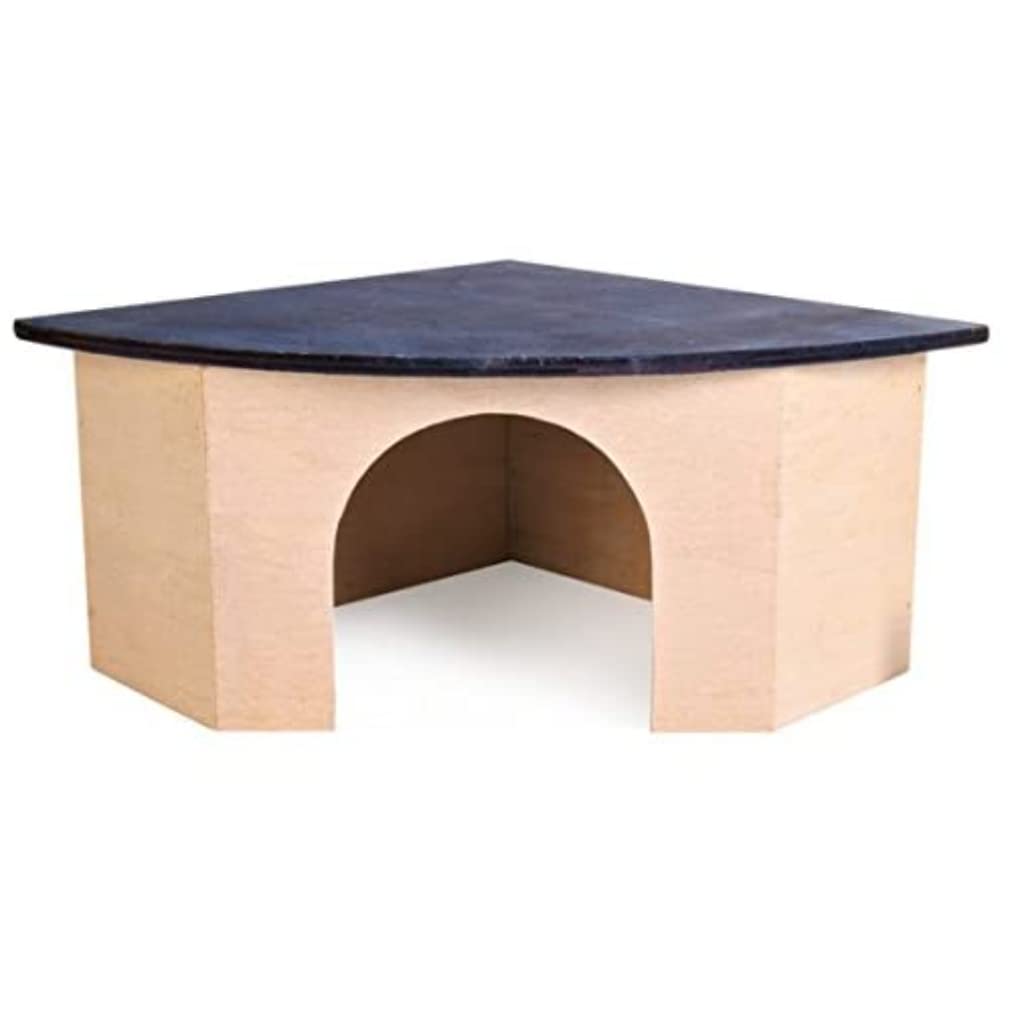 Croci Wood Corner House with Blue Roof - Natural Wood Hideaway for Guinea Pigs & Dwarf Rabbits | 29 x 13 x 21 cm