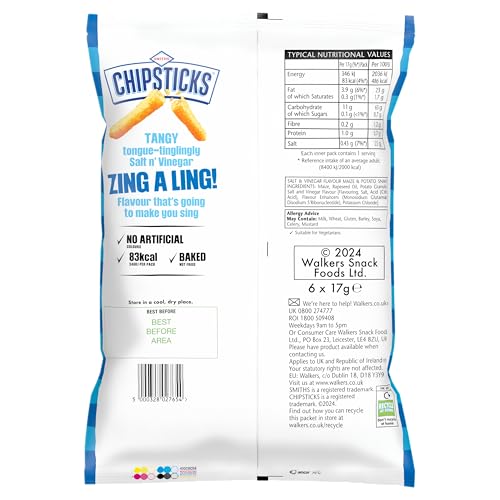 Smiths Chipsticks Salt & Vinegar Flavour Crisps Multipack 6 x 17g