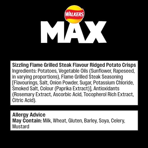 Walkers Max Sizzling Flame Grilled Steak Crisps 50g (Pack of 24)