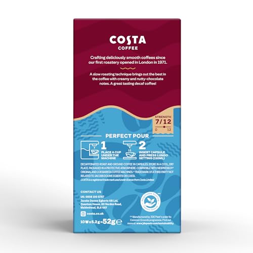 Costa Smooth Decaf Roast Aluminium Coffee Pods (Pack of 10, Total 100 Pods) - Compatible with NespressoⓇ Original & L’OR Barista Machines