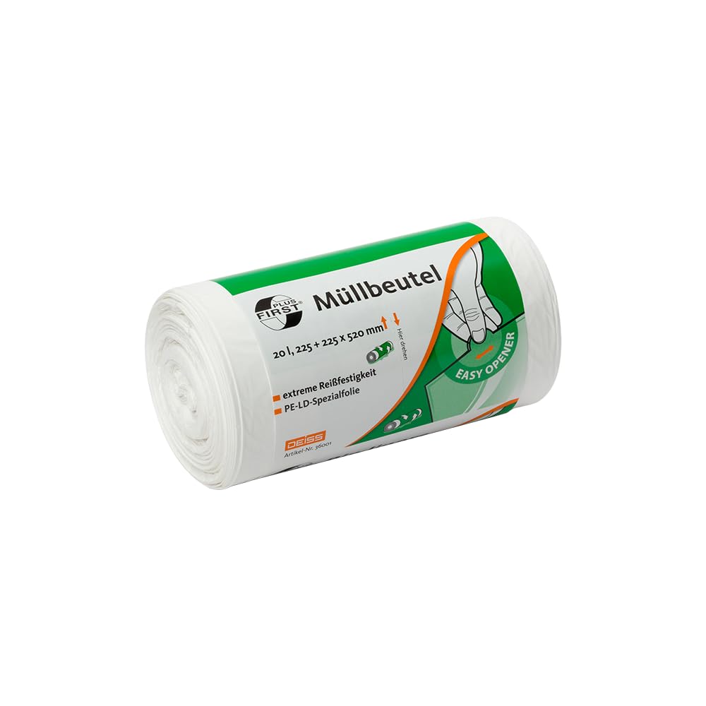 DEISS FIRST PLUS 50 x 20 l weiße LDPE-Müllbeutel – Rollenpackung