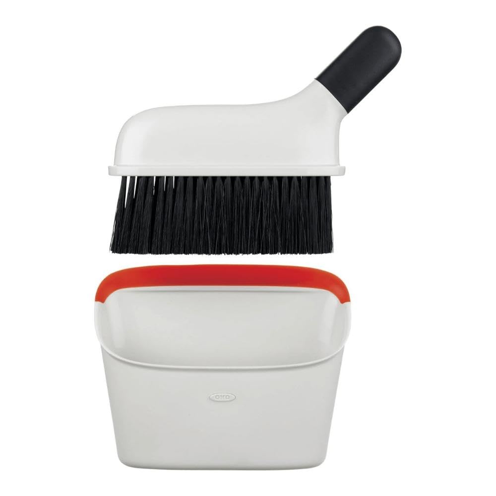 OXO Good Grips Compact Dustpan & Brush Set - Slim Storage | Soft Rubber Lip | Red
