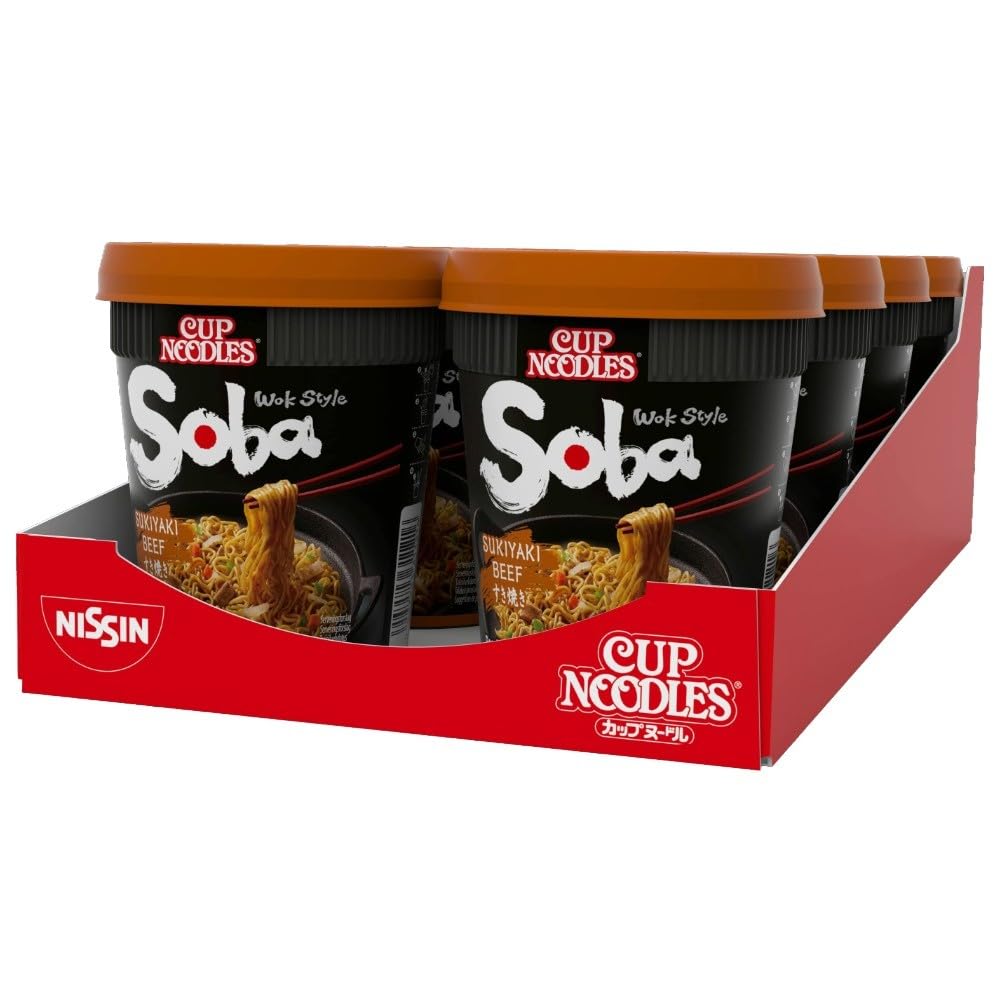 NISSIN Cup Noodles Soba Wok Style Sukiyaki Beef Flavoured Instant Noodles, Pack of 8, 712g