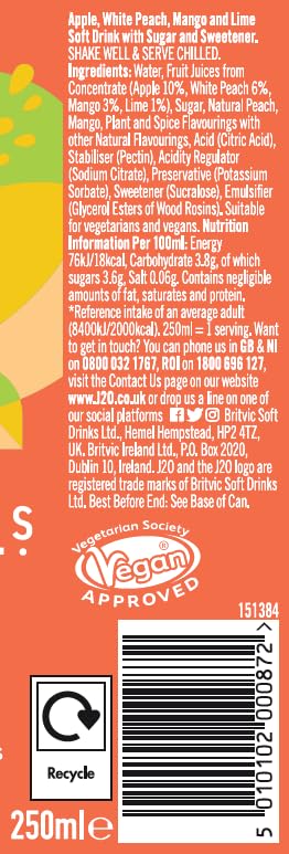 J2O Mocktail Peach and Mango Daiquiri, 250ml Can (Pack of 12) 2