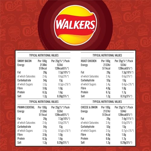 Walkers Meaty Variety Multipack Crisps 12x25g - Smoky Bacon, Roast Chicken, Prawn Cocktail, Cheese & Onion