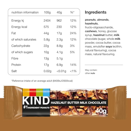 KIND Hazelnut Butter Milk Chocolate Snack Bars, Gluten Free, High Fibre, No Artificial Ingredients, 12 x 40g