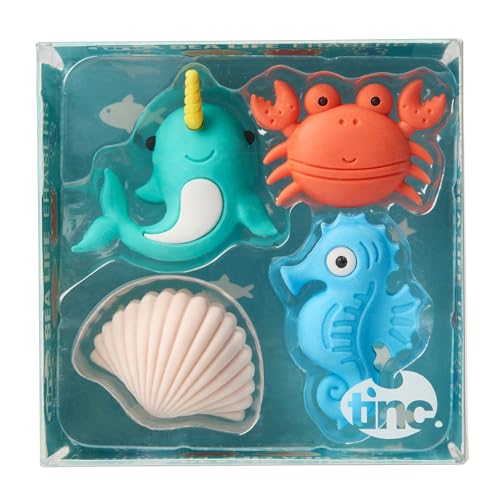 Tinc Sealife Erasers Collection Pack - Narwhal, Crab, Clam & Pearl, Seahorse Pencil Erasers 4
