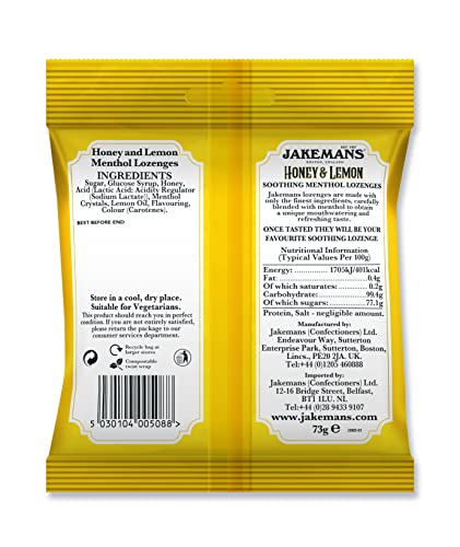 Jakemans Honey & Lemon 73g - Pack of 12 - Soothing Menthol Lozenges