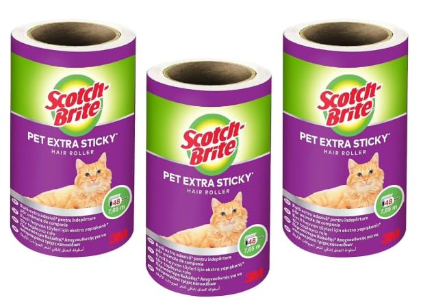 Scotch-Brite Pet Hair Roller Refill - 3 Rolls x 48 Sheets | Extra Sticky Adhesive | Safe for Fabric