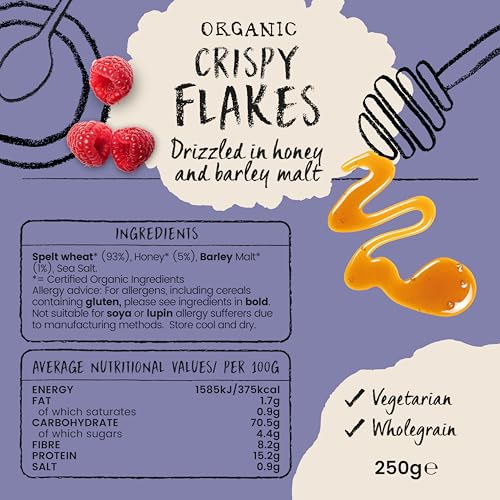 Amisa Organic Spelt Crispy Flakes 250g - High Fibre Breakfast Cereal with Honey & Barley Malt