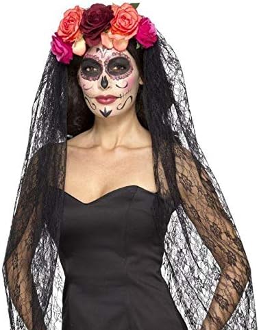 Smiffys Day of the Dead Deluxe Headband, Red & Black with Roses & Veil 2