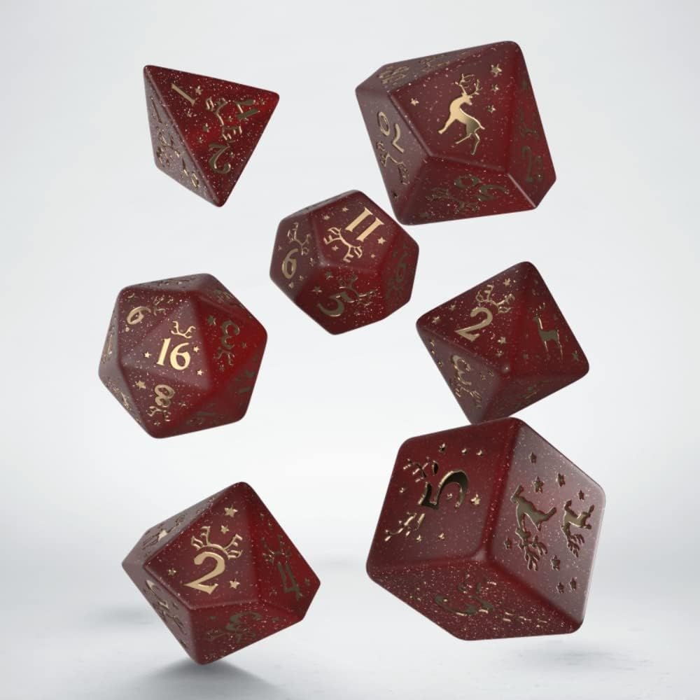 Q WORKSHOP Christmas Dice Set - 7-Piece Polyhedral RPG Dice | Icy Red & Gold | Teen