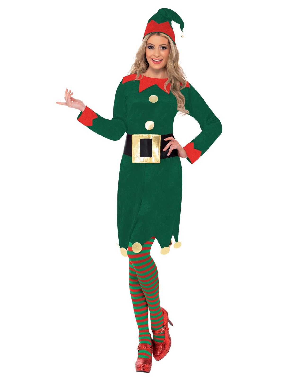 Smiffys Elf Costume - Green Dress with Hat & Belt, Adult Christmas Fancy Dress 8