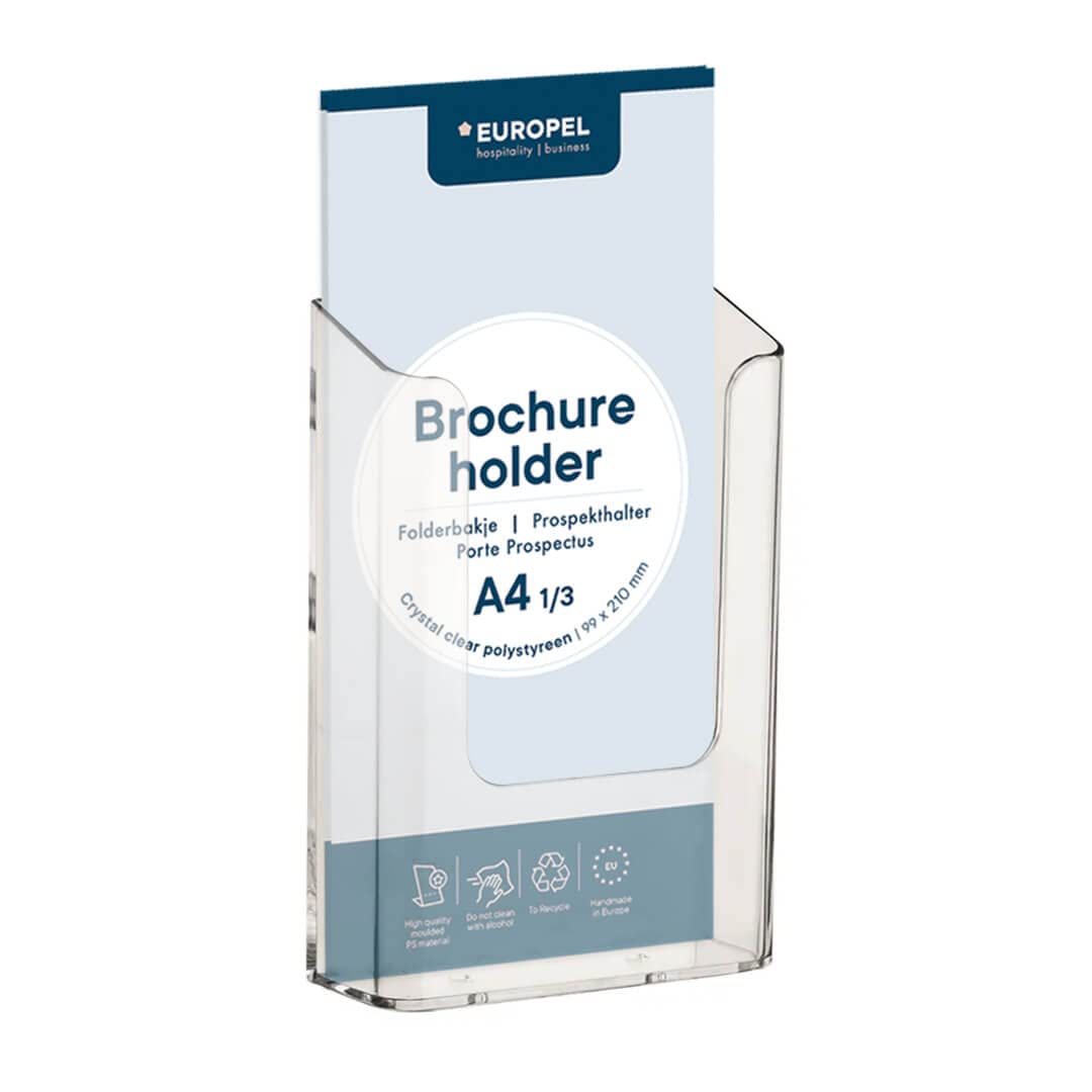 Europel Wall Mounted Brochure Holder - Clear Acrylic | For 1/3 A4 Size | Styrene