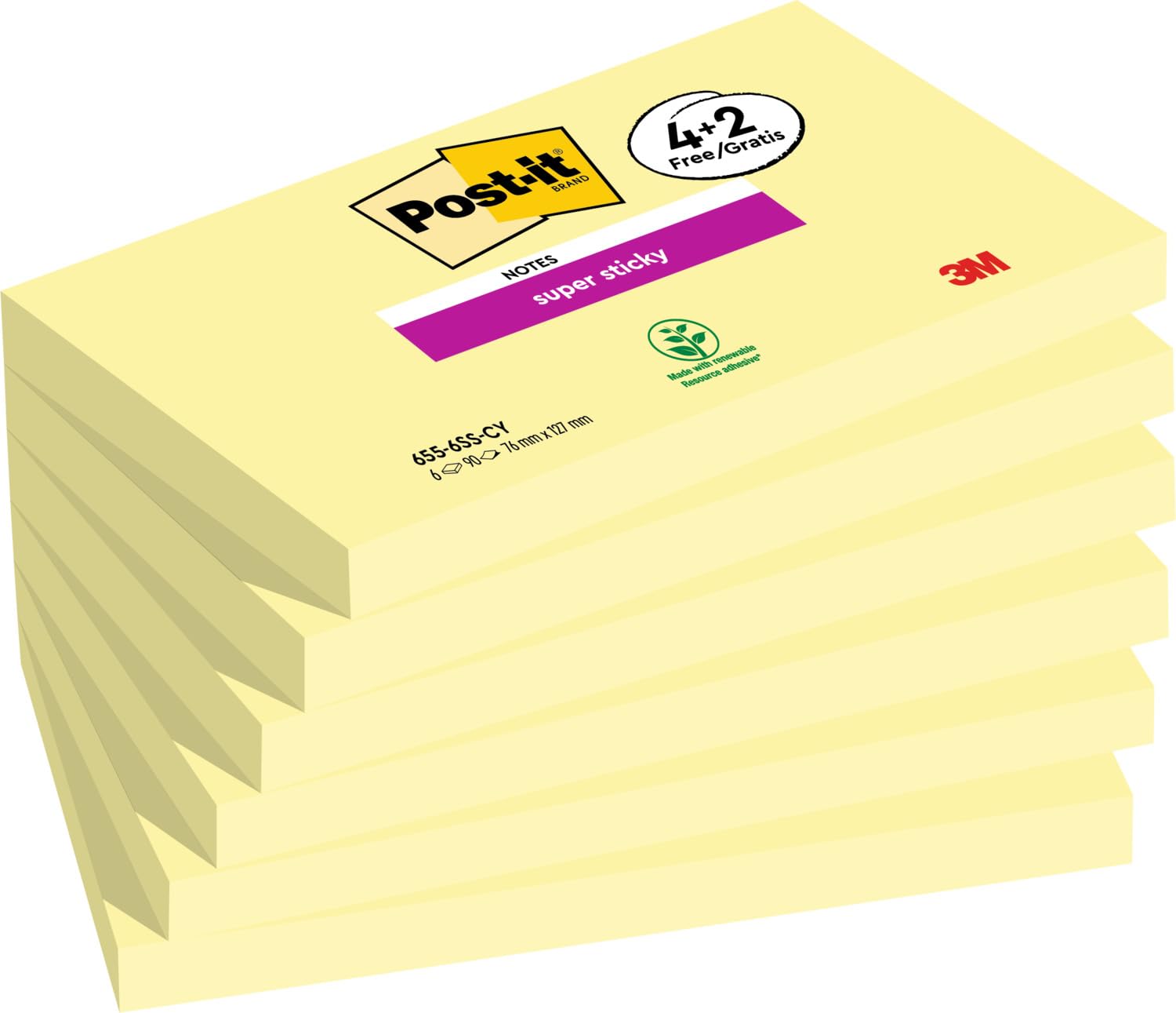 Post-it Super Sticky Notes - Double Sticking Power | 76 x 127 mm | 4 + 2 Free Pads (540 Sheets)
