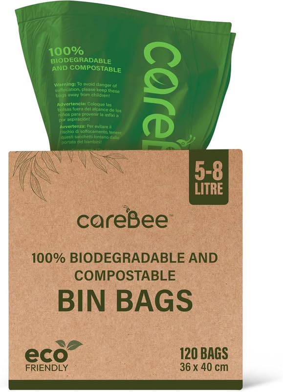 CareBee Biodegradable Kitchen Bin Bags - 120 Count, 8L Capacity, Compostable & Leak-Proof