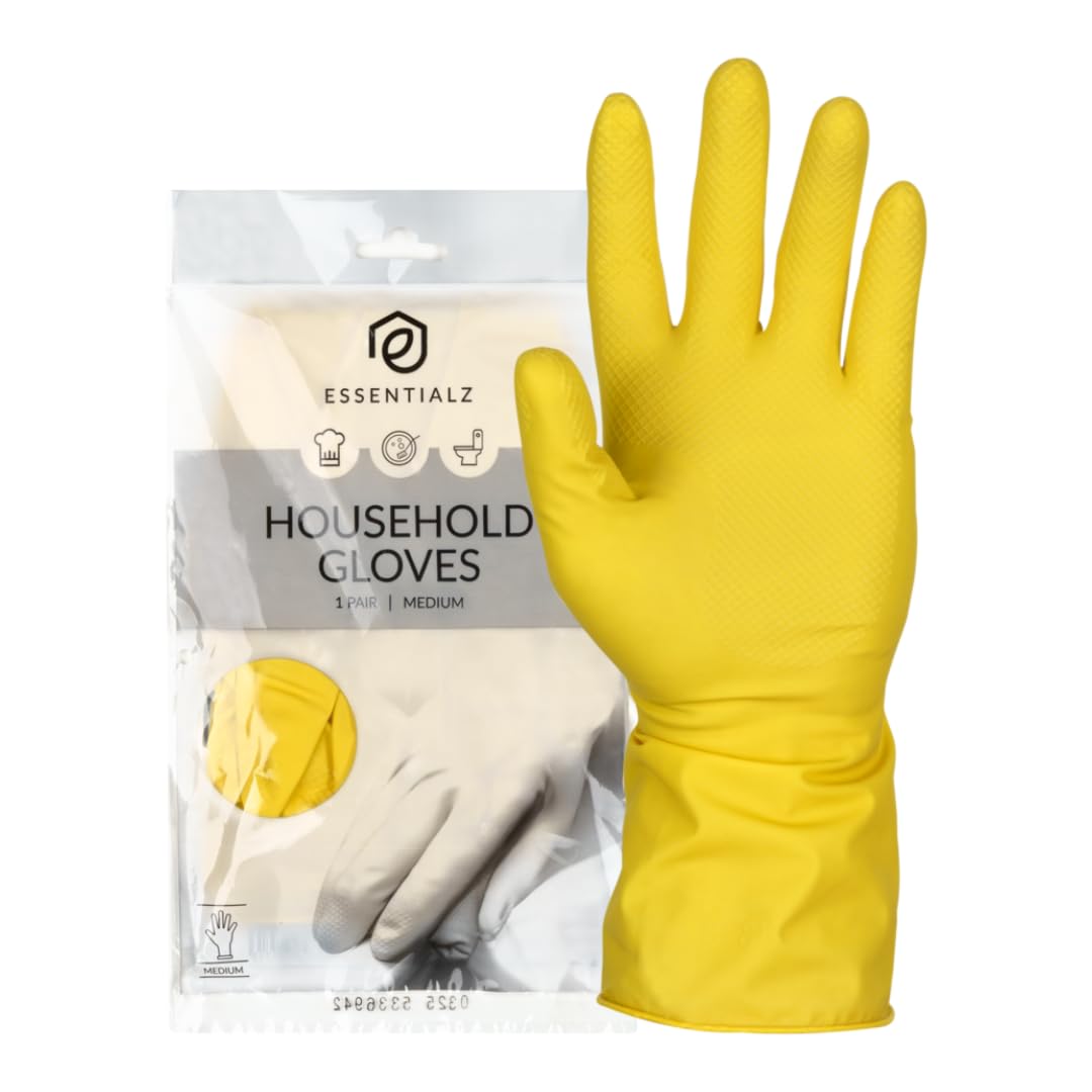 Essentialz Yellow Latex Household Gloves - Medium Size, Reusable, Powder-Free | 2 Count 1